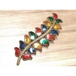 Vintage‎ Multi Color Enamel Leaf Branch Brooch Gold Tone Nature Pin